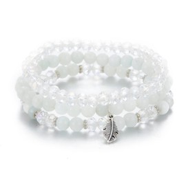 Noessla Stackable Crystal Beaded Bracelets for Women Boho Multi Layer Stretch Bracelets Natural Stone Bead Bracelet with Leaf Charm Jewelry for Women(Pure white)