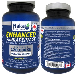 Naka Platinum Enhanced Serrapeptase Enzymes, 120.000 SU, Delayed Release, Enhanced with MERIVA Curcumin, Boswellia, Bromelain and BioPerine, Made in Canada (75 DR vcaps)