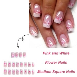 24Pcs White French Press on Nails Short Square Fake Nails with Peach Blossom Design Cute Glitter False Nails Full Cover Glue on Nails Nude Pink Stick on Nails for Women Manicure Decorations Tips