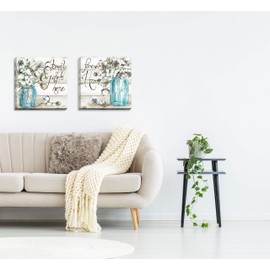 Beautiful Watercolor-Style"Family Gathers Here" and"Forever Home" Mason Jar Floral Set by Tre Sorelle Studios; Two 16x16in Hand-Stretched Canvases