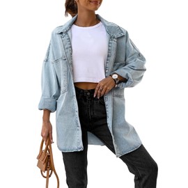 Saodimallsu Women's Oversized Denim Jackets Casual Button Down Long Boyfriend Jean Coats Blue Medium