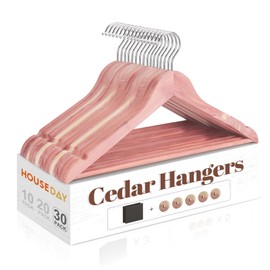 HOUSE DAY Cedar Hangers for Closet 30 Pack, Smooth Cedar Wood Hangers with Rings, 360° Swivel Hook, U-Shape Notched, Non Slip Pant Bar, Sturdy Wooden Clothes Hanger for Coats, Dresses, Suits