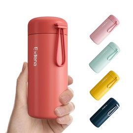 Exllena 300ml Small Water Bottle Made of 304 Stainless Steel, Small Flask with Carry Handle Double Wall Vacuum Insulation for Hot&Cold Drinks for Handbag - 100% Leakproof (Coral Red)