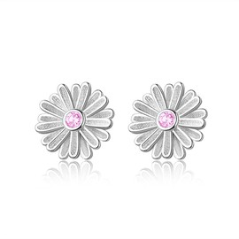 Dainty Pink CZ Flower Stud Earrings for Women Girls Cute Sterling Silver Plated Daisy Flower Huggie Studs Hypoallergenic Fashion Jewelry Wedding Birthday Gift Her 11mm, Metal, Cubic Zirconia