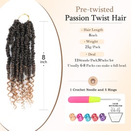 passion twist crochet hair Pre Looped, 8 Inch 9 Packs Pretwisted Passion Twist Hair,Soft Pre Twisted Ombre Crochet Hair For Women Short Curly Crochet Braids(8",T1B/27#)