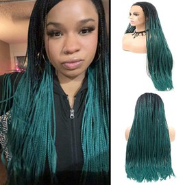 Braided Wigs Micro Lace Front Wigs for Women Green Long Braid Synthetic Hair Wig Best Soft Lace Wig with Natural Hairline Glueless Heat Resistant Fiber Hair Cosplay 26 Inch Wig(Ombre Green)