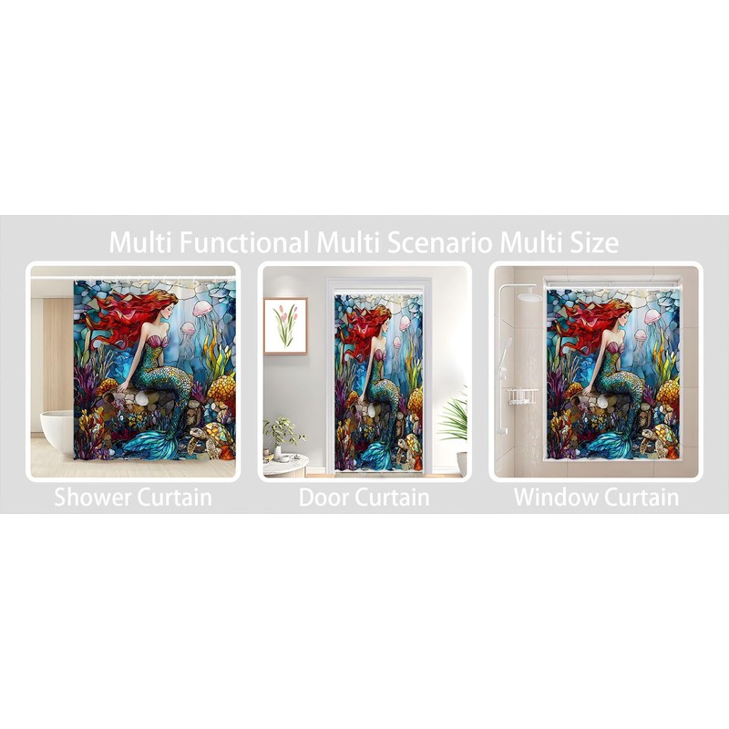 FAXTOZ Nautical Mermaid Shower Curtain Stained Glass Underwater Ocean Coastal