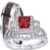 His Hers Wedding Set Red Ruby CZ Engagement Ring Bridal