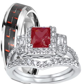His Hers Wedding Set Red Ruby CZ Engagement Ring Bridal Bands for Women Size 6 Men Size 9