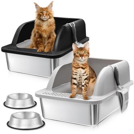 KareCute 2 Pack Stainless Steel Litter Box with Lid, 24'' x 16'' x 12'' Extra Large Cat Litter Box, XL Large Metal Litter Box for Big Cats with High Sided, Enclosed Cat Litter Boxes with Litter Scoop