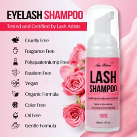 Lash Shampoo for Lash Extensions 60 Ml/2fl.oz Eyelash Extension Cleanser Oil Free Lash Cleanser for Eyelash Care, Gentle Foaming Eyelash Shampoo with Brush for Salon Home Care (Rose 60ml)