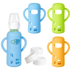 3 Pack Silicone Sleeve with Handle + Narrow Storage Caps, Anti Breakage Baby Bottle Holder, Compatible Dr. Brown's Narrow Baby Bottle(Orange+Blue+Green), 8 oz/250 mL