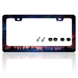 Starry Sky Galaxy License Plate Frame Beautiful Night Forest Funny License Plate Holder for Front and Rear Car Tags Durable Stainless Steel Car Decoration with Screws 6.3 X 12.2 in for Men Women