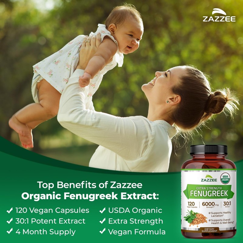 Zazzee USDA Organic Fenugreek 30:1 Extract, 6000 mg Strength, 120
