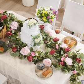 PONKING Flower Garland, Artificial Rose Vine Flowers Plants, Hanging Fake Roses Vine for Room Anniversary Wedding Birthday Christmas Wall Arch Decor, 3 Vines Together, Pink Floral Garland