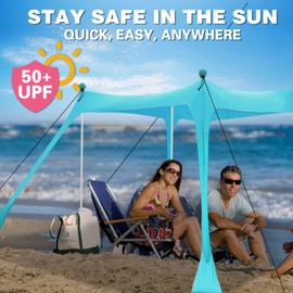 Beach Canopy Beach Tent 11x11 FT UPF50+ Beach Blanket Included Sun Shelter Beach Shade Canopy with 4 Stability Poles Easy to Setup Outdoor Shade for Beach Camping Backyard and Picnics