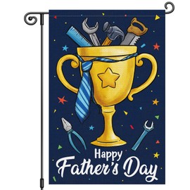 Louise Maelys Father's Day Garden Flag Trophy Tool Welcome 12x18 Inch Double Sided Small Burlap for Daddy Papa Grandpa Holiday Yard Outdoor Sign Outside Home House Decoration