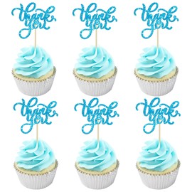 24 piezas de adornos para magdalenas de agradecimiento con purpurina para cumpleaños, aniversario, día de Acción de Gracias, boda, despedida de soltera, fiesta, decoración de pasteles, suministros de decoración de pasteles, color azul