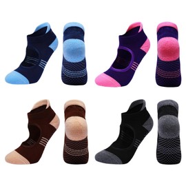 4 Pairs Yoga Pilates Socks, Non-Slip Yoga Socks for Women, Dance, Fitness Grip Socks, Breathable Sweat-Absorbing Socks, Soft and Comfortable Toe Socks (Black, Brown, Blue, Purple), Black, brown, blue,