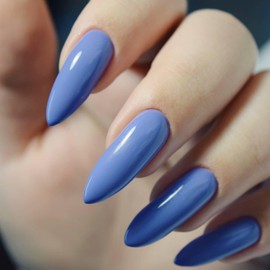 Press On Nails Almond on 24PCs，Glue on Nails Stick on Nails Fake Nails，Alomnd Medium Shape Solid Dark Color False Nails (Sky Blue, Almond)