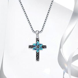 Jnrbecm Star of David Necklace for Men Women Stainless Steel Celtic Cross Necklace for Men Star of David with Cross Necklace Mens Cross Necklaces Christians Jewelry Gifts for Women Men