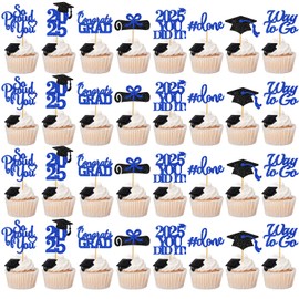 40Pcs Graduation Cupcake Toppers 2025 Graduation Decorations Class of 2025 Blue Graduation Hat Cupcake Toppers Graduation Picks Graduation Party Decorations 2025