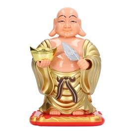 Solar Maitreya Buddha Statues Plastic Feng Shu Laughing Buddha Figurine Hold Money Fan and Ingot, Happy Buddha Figurine Decorative for Home Car Office Desktop