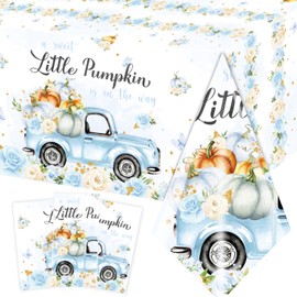 GREHUMOR Little Pumpkin Baby Shower Tablecloth a Sweet Little Pumpkin is on The Way Theme Blue Floral Truck Table Cover Plastic Disposable for Autumn Thanksgiving Baby Shower Party Decoration