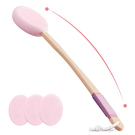 Lotion Applicator With 4 Replaceable Pads for Back, Self, Elderly, Women - Cream Medicine Applicator With 17" Curved Handle Easy to Target Back and Feet, Pink