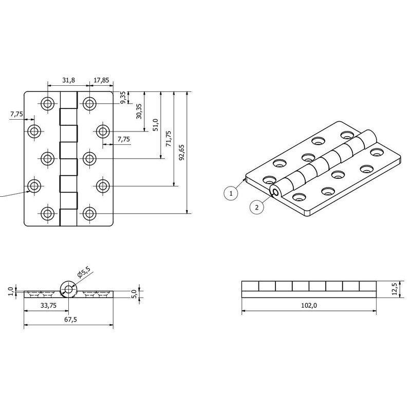 2 Pack Black Polymide Hinge Reinforced Plastic 67x102mm Italian Made