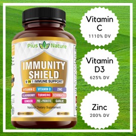 9-in-1 Immune Support Vitamin C (1000mg), Vitamin D3 (5000 IU), Zinc(22mg) with Elderberry, Turmeric, Echinacea, Ginger, Garlic and Pre+Pro-Biotic per Serving (120 caps per Bottle - 2 Month Supply)