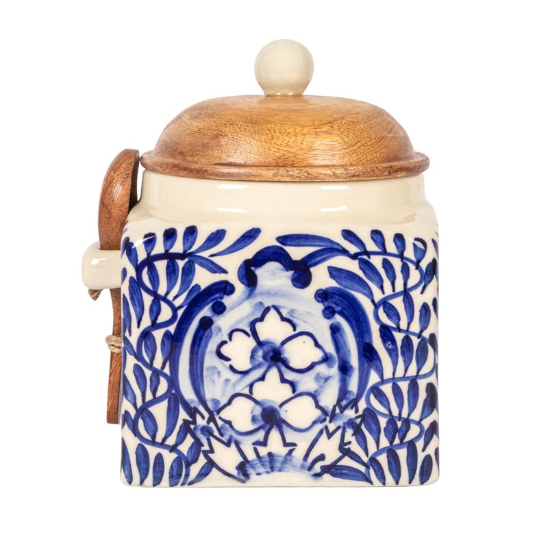 Creative Co-Op Stoneware Canister with Design, Lid and Spoon, Cream,