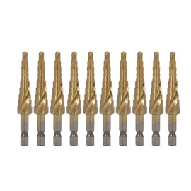 Spiral Step Drill, 0.2 - 0.5 inches (4 - 12 mm), Set of 10, Titanium Coated HSS Steel, Bamboo Shot, Spiral Drill Bit, For Stainless Steel, For Ironworking, 1.3 inches (32 mm), 1.4 inches (35 mm), Hex Shaft, 4 Blades, Blue, Oil, Aluminum, Impact Wrench, I