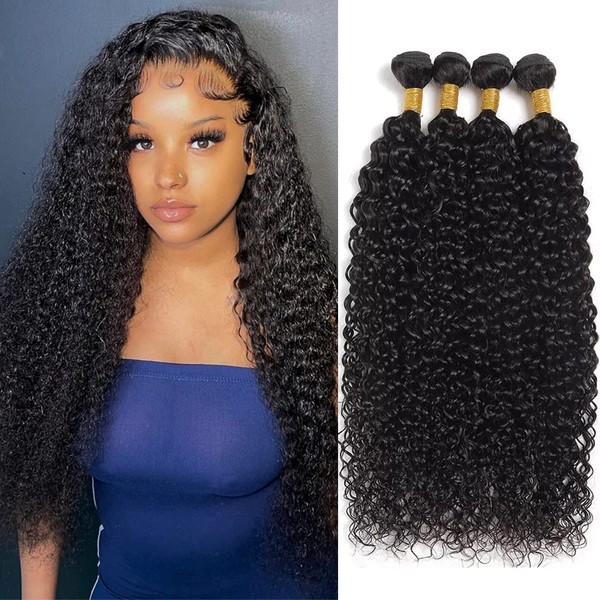 Brazilian Water Wave Human Hair Bundles 100% Unprocessed Remy Hair Long Wet and Wavy 4 Bundles Human Hair Weft Extensions for Black Women Natural Color（20 22 24 26 inch）