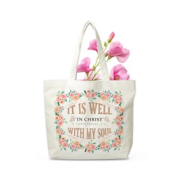 Christian Canvas Tote Bag, Religious Flowers Aesthetic Shopping Grocery Bag, Blush Pink Floral Beach Bag Gifts For Women Sister Friend Family, Bible Verse Reusable Grocery Bag, Spring Party Totes, 18