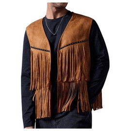 OYOANGLE Men's Casual Boho Fringe Trim Open Front Sleeveless Vest Jacket Waistcoat Brown XL
