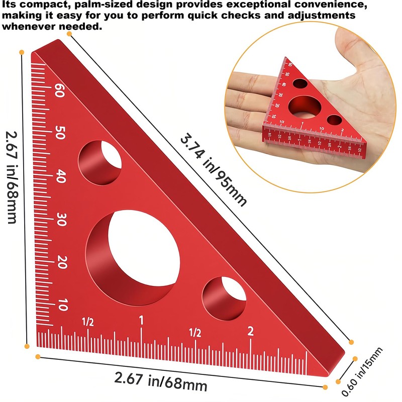 GREBSTK Aluminum Alloy Triangle Ruler, 45 Degree Angle Ruler Carpentry