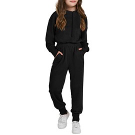 Haloumoning Girls Casual Jumpsuits Long Sleeve Hoodie Rompers Long Onesie with Pockets 4-14 T