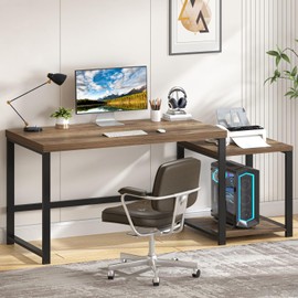 63 Inch Large Computer Desk with Printer Space & PC Tower Stand, Modern Wood Home Office Desk Workstation with Storage Shelves, Writing Study Gaming Table, Rustic Oak