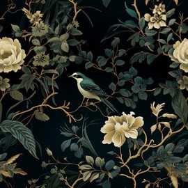 Nukofal Dark Floral Peel and Stick Wallpaper Vintage Floral Contact Paper 16.9inchx118.1inch Flowers Bird Wallpaper Peel and Stick Boho Leaf Self Adhesive Removable for Bathroom Wall Paper Decor