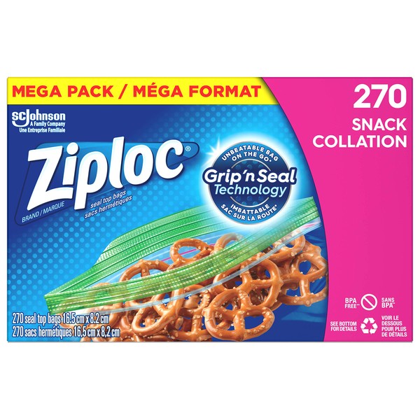 Ziploc Snack and Sandwich Bags for On-the-Go Freshness, Grip 'n Seal Technology for Easier Grip, Open and Close, 270 Count