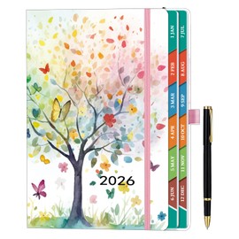 ZXHQ Diary 2026 A5 Page a Day, Jan-Dec, 2026 Diary Day Per Page Full Year Planner with Monthly Overview, UK Holiday, Colorful Tabs, Pen Set and Fine Inner Pocket, 5.9" × 8.5" - Tree of Life