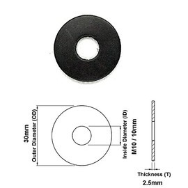 TERF® 10 Pcs Black Rubber Penny Washer M10 / 10mm X 30mm X 2.5mm Penny Washers Size: 10mm Inside Diameter (Hole) X 30mm Out Side Diameter X 2.5mm Thickness