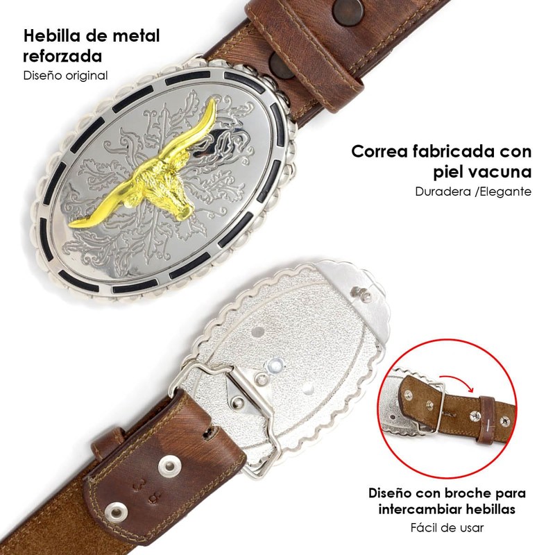 Cinturón vaquero con hebilla de toro, de piel vacuna auténtica,