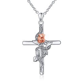 DAOCHONG S925 Sterling Silver Rose Flower Snake Cross Pendant Necklace for Women Jewelry Gifts