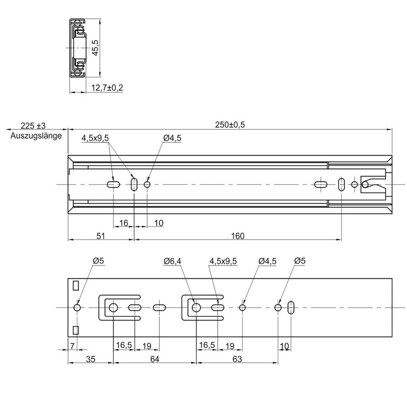 SOTECH KV2-35-H45-L250-SE Full-Extension Drawer Slides, Telescopic, Self-Closing, Length 250 mm,