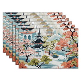 Luckluccy Red Chinoiserie Pagoda Placemats Set of 6 Traditional Oriental Asian Chinese Asian Chinoiserie Placemat Artistic Placemats for Kitchen Wedding Table Decoration Non-Slip 12x18 Inch