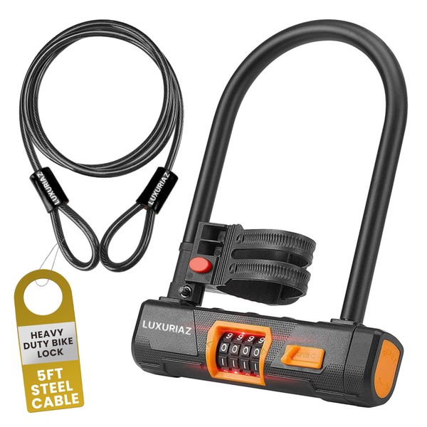 Heavy Duty Bike Lock U-Lock with 5ft Steel Cable -