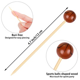 Aodaer 100 Pieces Basketball Bamboo Cocktail Picks 4.7 Inch Decorative Sports Ball End Cocktail Skewers Wooden Decorative Fruit Toothpicks Fruits Sandwich Buffets Party Supplies
