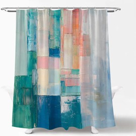 Teal Pink Shower Curtain Abstract Brushstrokes Oil Painting Turquoise Blue Watercolor Art Modern Colorful Vintage Fabric Bath Curtain with Hooks